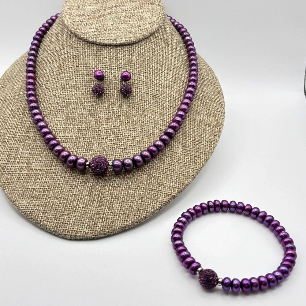 VTG Honora Pearl Necklace Bracelet Earrings Purple Crystal Pendant 925 Clasp 18
